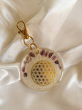 Porte clefs pierres d'Améthyste et fleurs de vie
