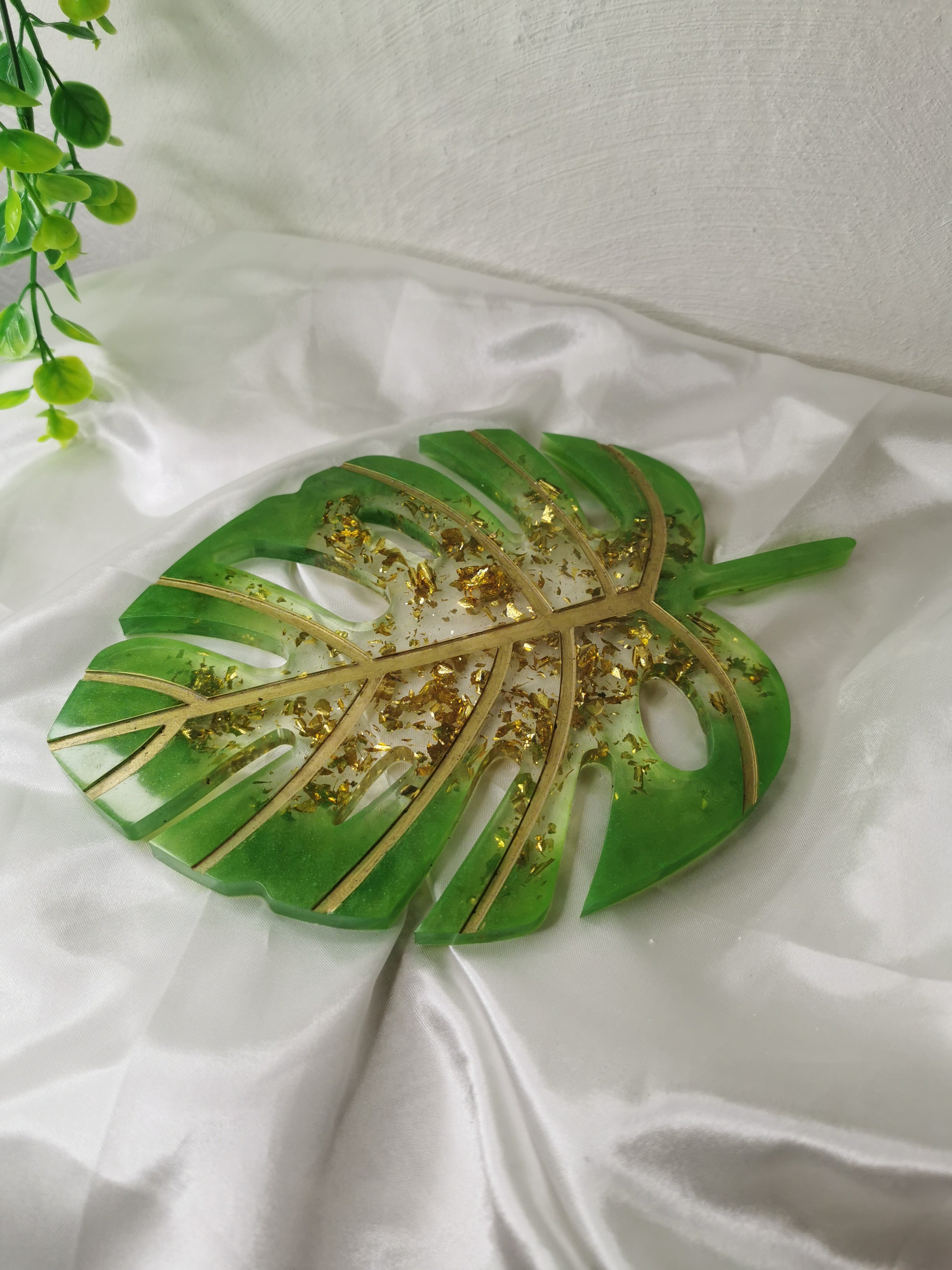 Plateau feuille de Monstera vert et Or