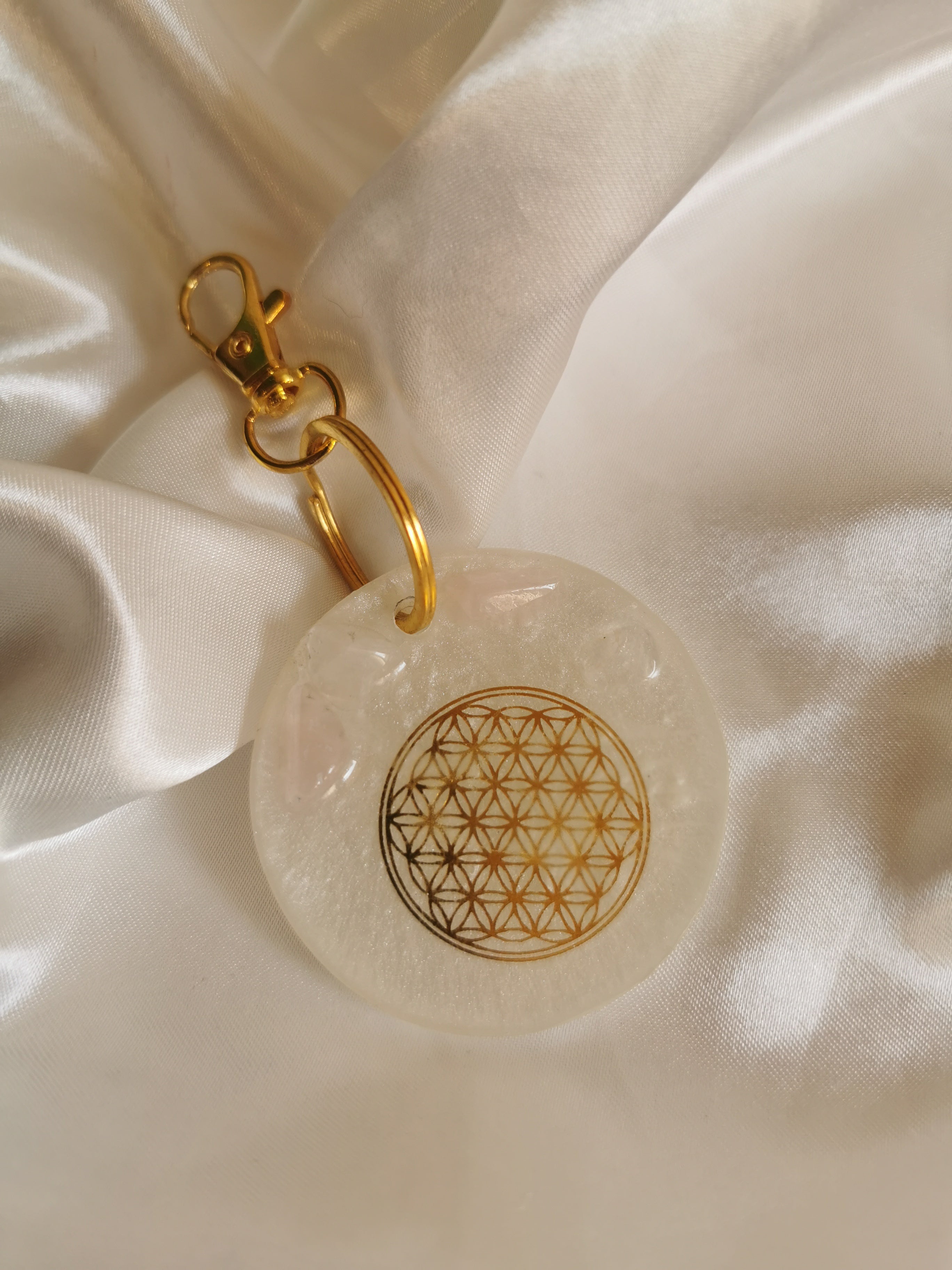 Porte clefs pierres de Quartz rose et fleur de vie